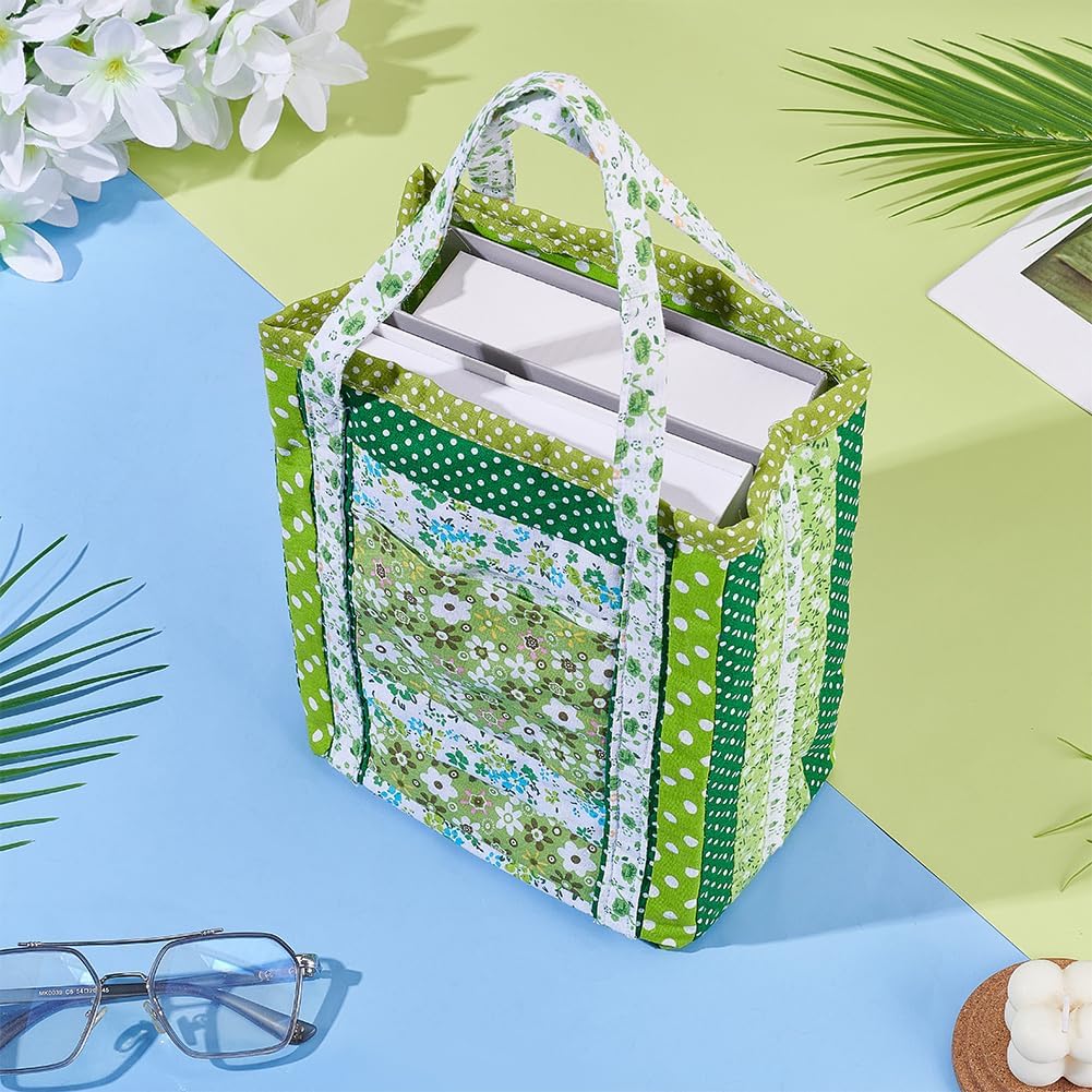 PLIGREAT DIY Quilted Tote Bag Kit Stripes Bag Quilted Starter Kit for Adult Beginners Handmade Shoppers Tote Making with 7 Pcs Square Green Floral Fabric, Complete Quilting Tools and Instructions