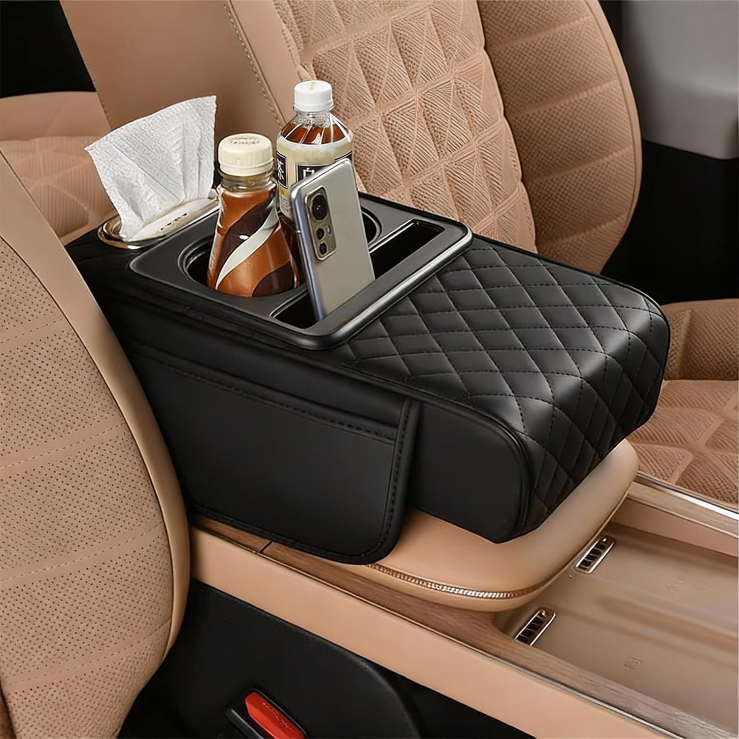 TourKing Car Armrest Cushion,5-in-1 Center Console Cover,Arm Rest Cover for Car,Car Armrest Storage Box, Tissue Box Slot, Phone Slot for Sedans, Car Accessories Interior Organizers for Most Cars
