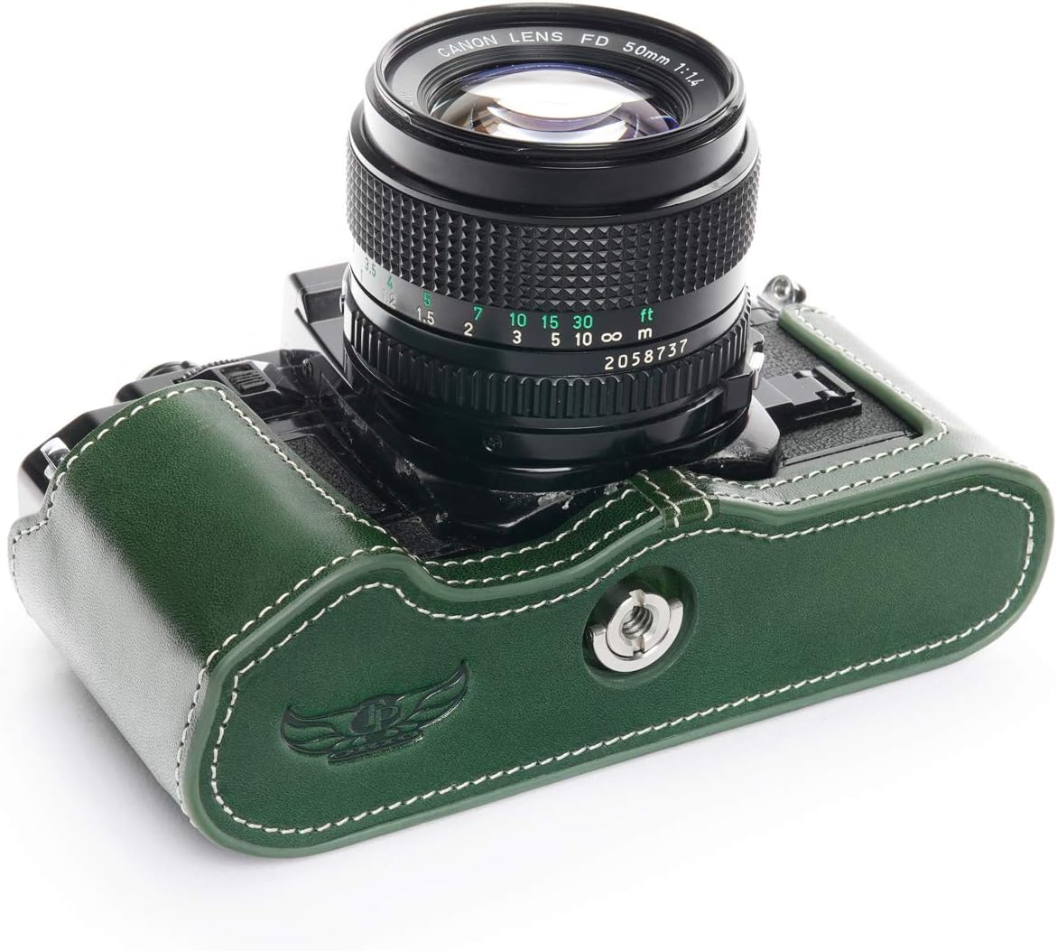 A-1 Case, BolinUS Handmade Genuine Real Leather Half Camera Case Bag Cover for Canon New AE-1 AE-1P A-1 (with Handle) Camera with Hand Strap (Green)
