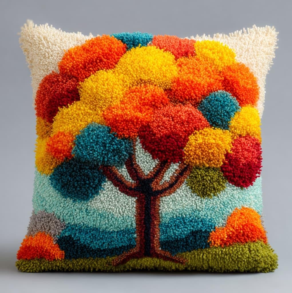 Henypt Latch Hook Pillow Craft Kit 43x43cm,Cartoon Tree 17x17 Inch,Complete Starter Kit with Tools and Yarn for Beginners & Craft Enthusiasts