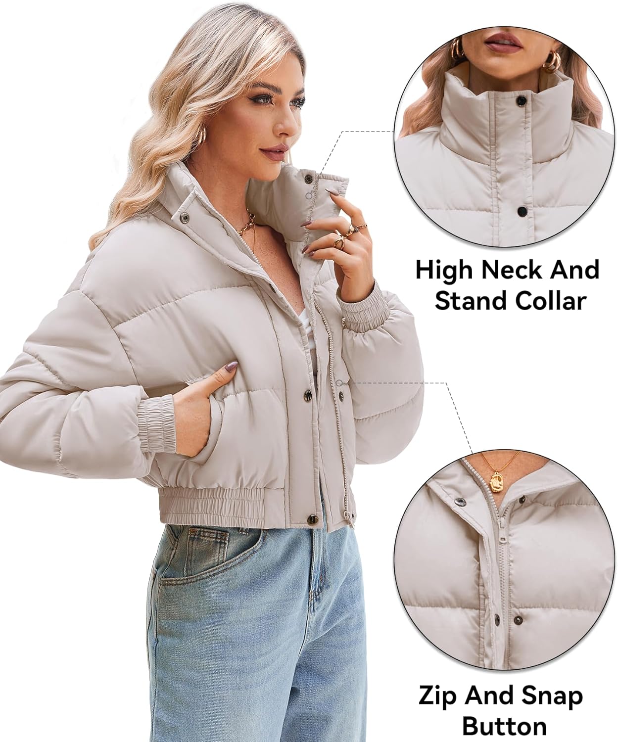 WHN Women’s Cropped Puffer Jacket Lightweight Quilted Jackets Long Sleeve Stand Collar Zipper Winter Outerwear Coat - Image 3