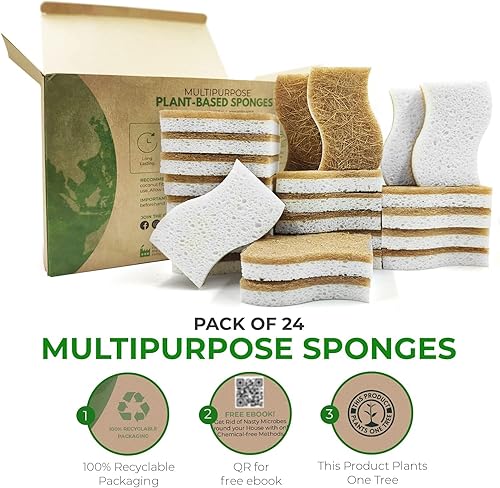 Miniatura 3 de AIRNEX Paquete de 24 esponjas de cocina naturales biodegradables  Esponja de celulosa compostable y coco coco  Esponjas ecológicas para platos