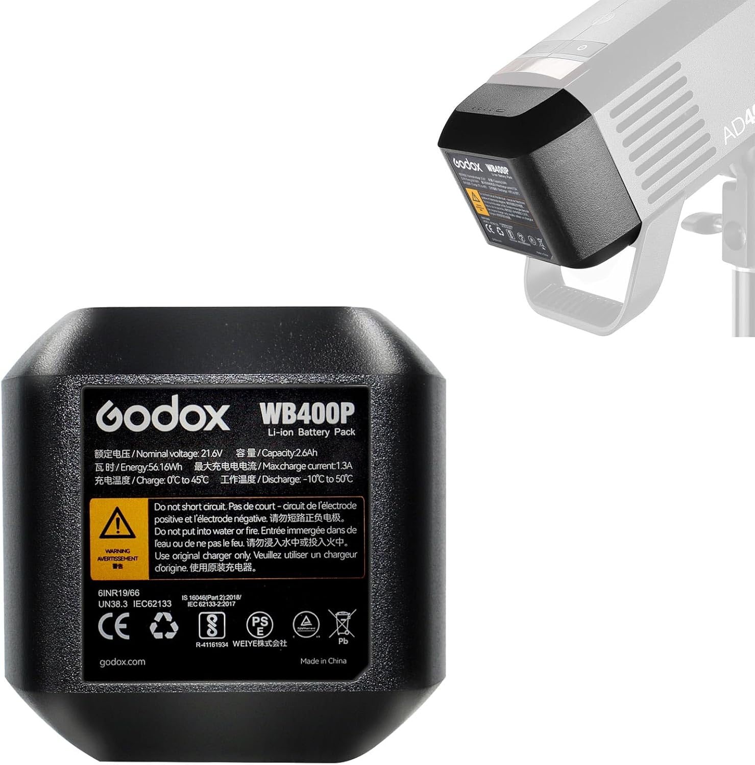 GODOX WB400P for AD400 Pro Battery Replacement - Rechargeable Lithium Battery Pack DC 21.6V/2600mAh