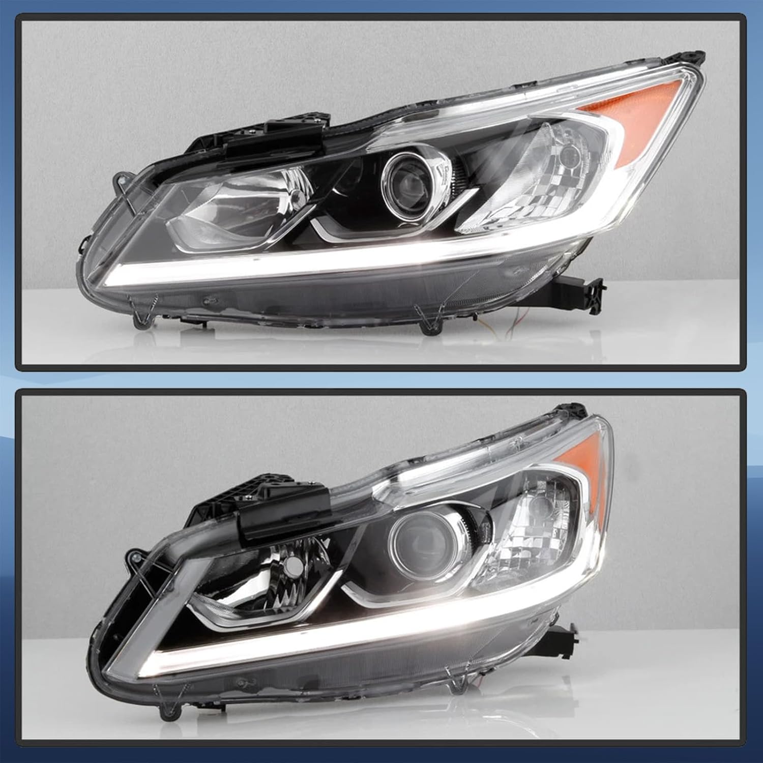 Projector Headlight Assembly w/LED DRL Fit for 2016 2017 Honda Accord LX/EX/Sport,Halogen Headlamp OE Style Chrome Housing Amber Reflector Replacement Driver & Passenger Side