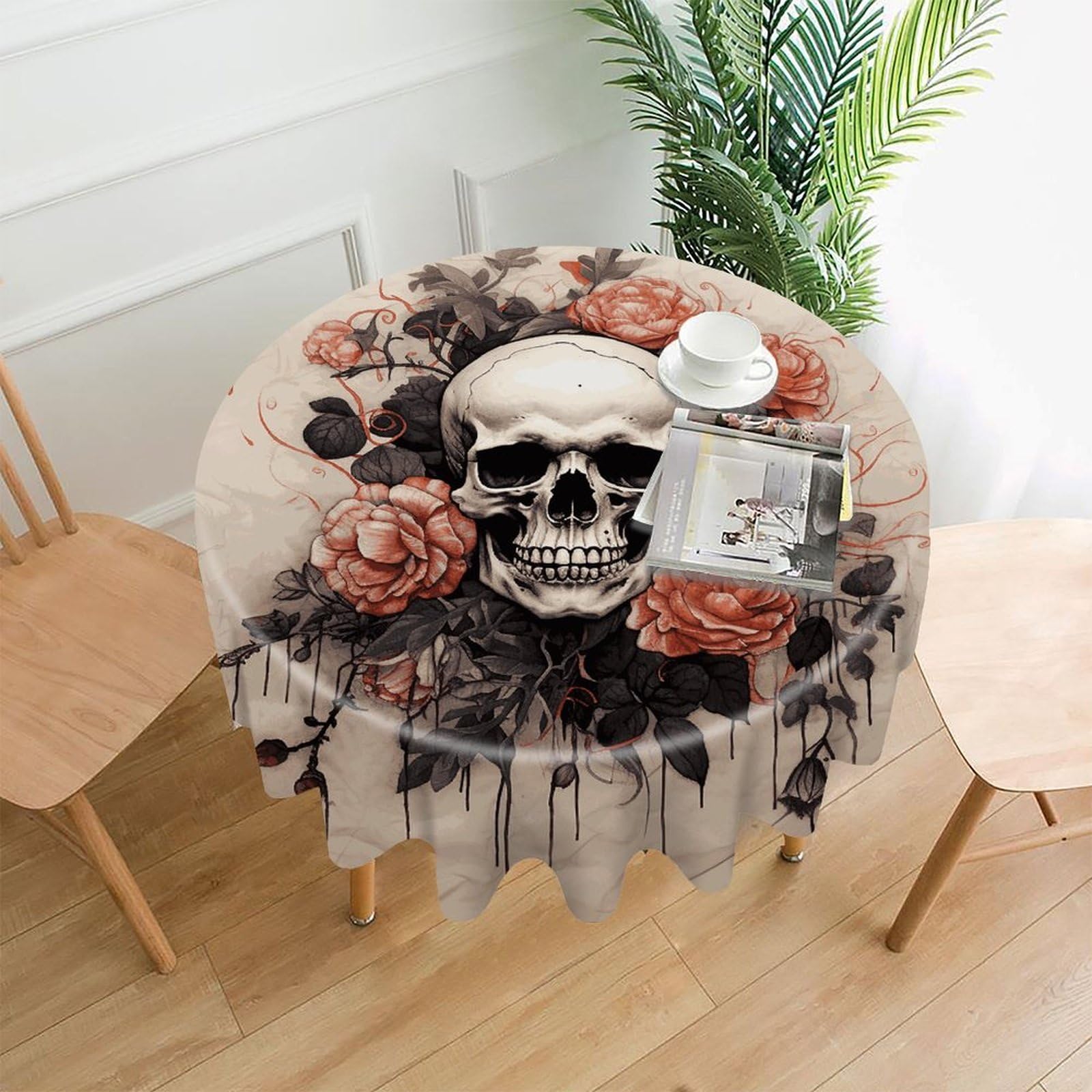 FekiLoot Ancient Skull and Flowers Round Tablecloth Cover 60 Inch Wrinkle Free Washable Polyester Fabric Table Cover Decorative Round Table Cloth for Home Dining Kitchen Party Farmhouse
