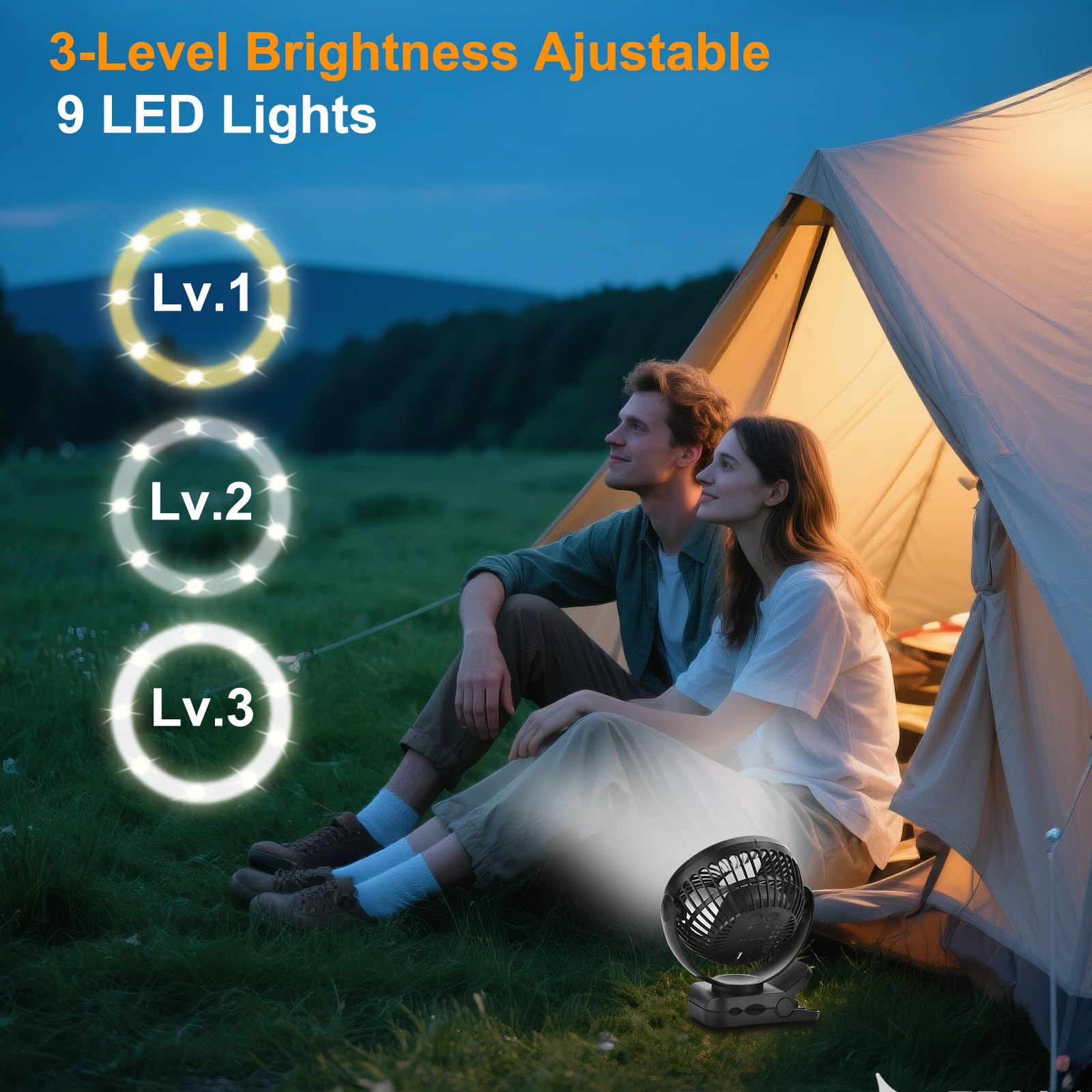Ventilateur à pince télécommandé 6 pouces 12 000 mAh, veilleuse LED, 3 vitesses, ventilateur USB personnel portable pour la maison, le bureau, le camping-car et le camping en plein air-noir