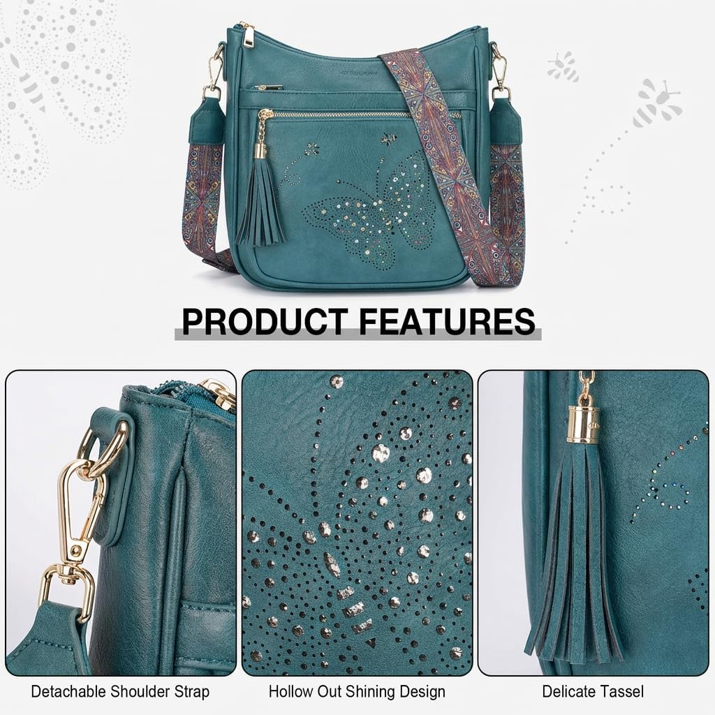 KITEVIUN Medium Crossbody Bags for Women Trendy, Women's Butterfly Shoulder Handbags with Tassel