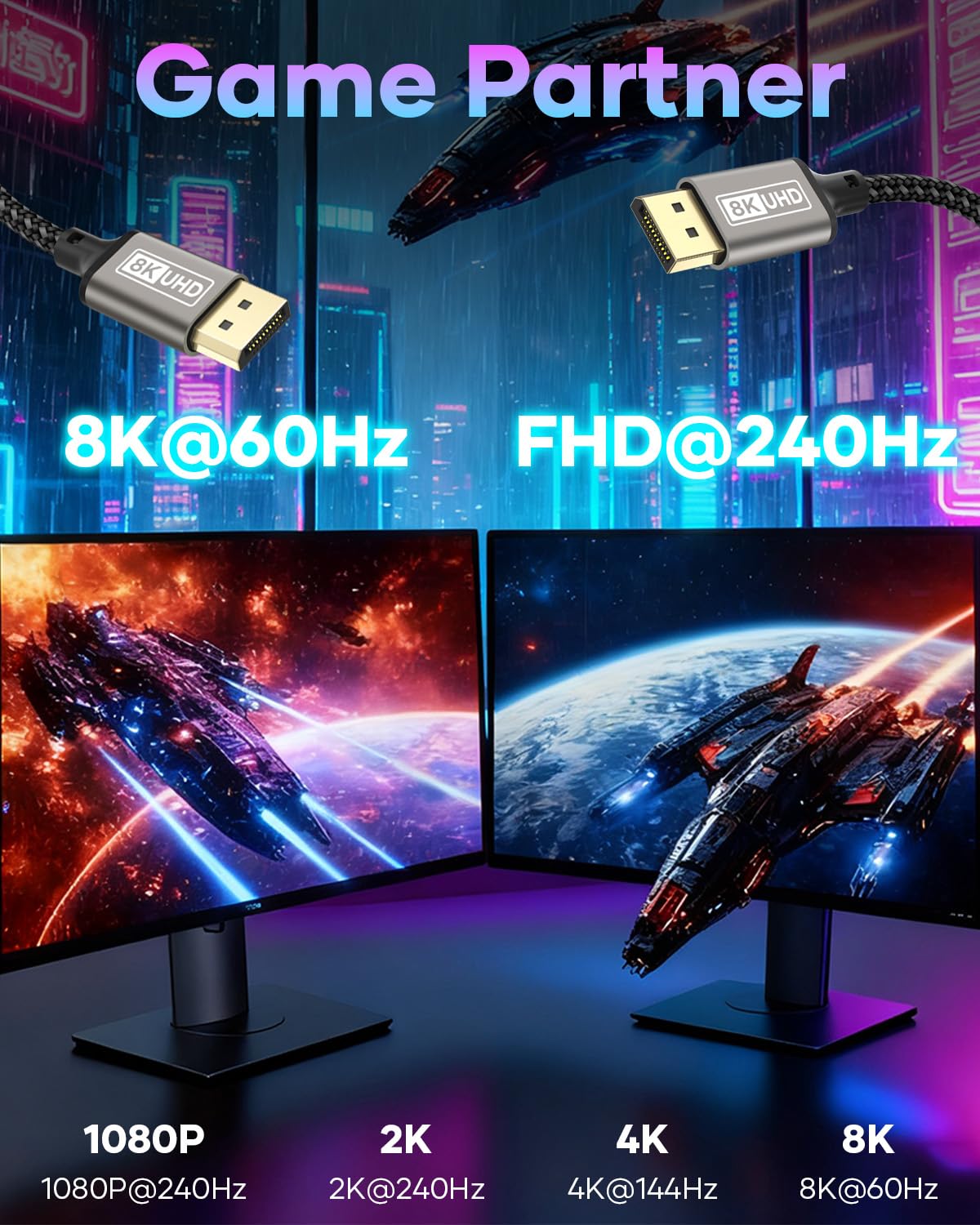 8K Câble DisplayPort 1.4, Câble DP 8K@60Hz, 4K@144Hz, 2K@240Hz, 32,4Gbps, HDCP2.2, HDR, FreeSync, G-Sync Compatible avec Moniteur Gaming, PC, Carte Graphique-1M