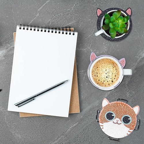 Miniatura 4 de FineGood Juego de 10 posavasos de pintura de diamantes para perros y gatos, bonitos posavasos de pintura de diamante con soporte, posavasos de