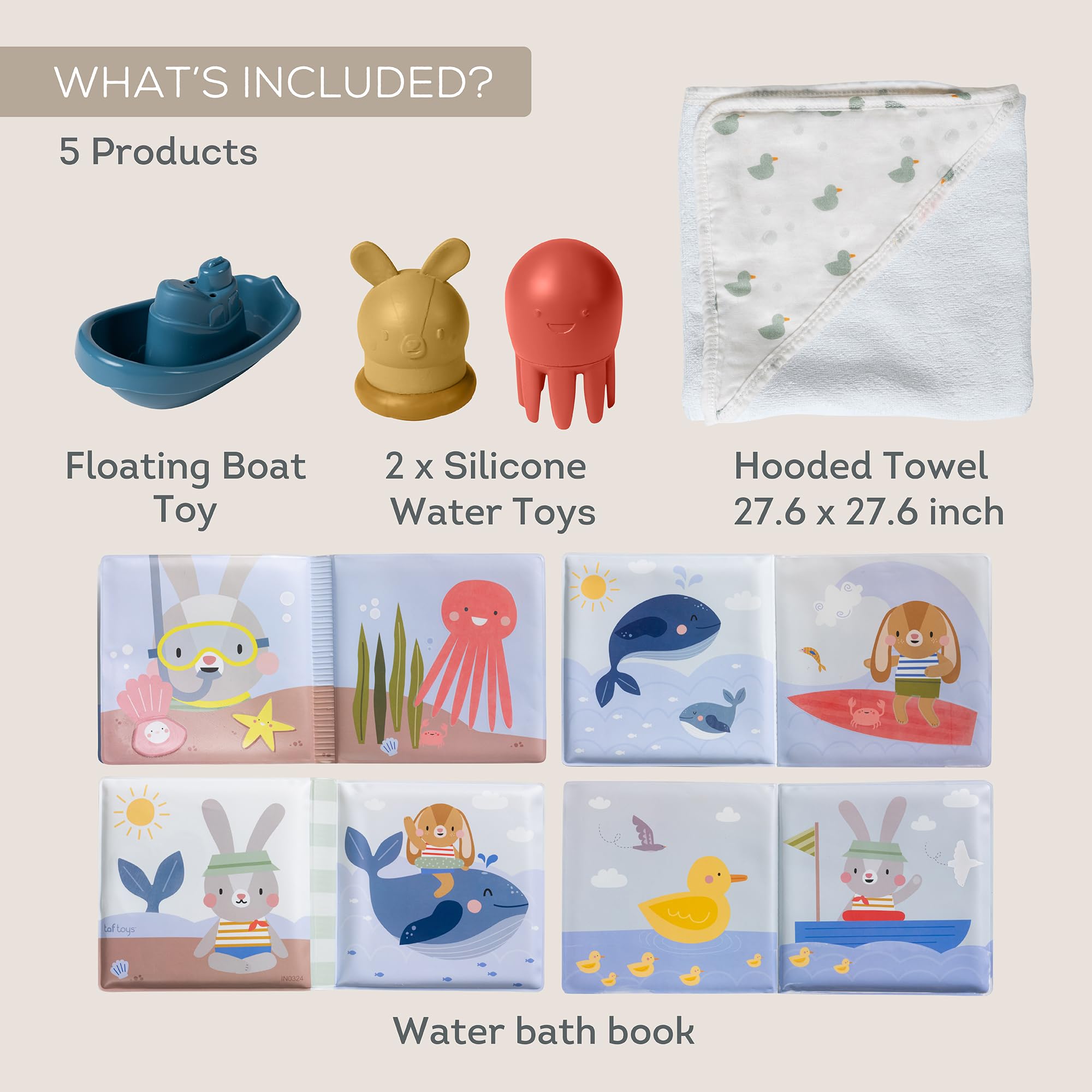 Taf Toys Juego de regalo para la hora del baño del bebé. Incluye libro de baño, toalla con capucha de algodón, juguetes de baño para chorros, juguete de barco. Kit esencial de 5 piezas para recién