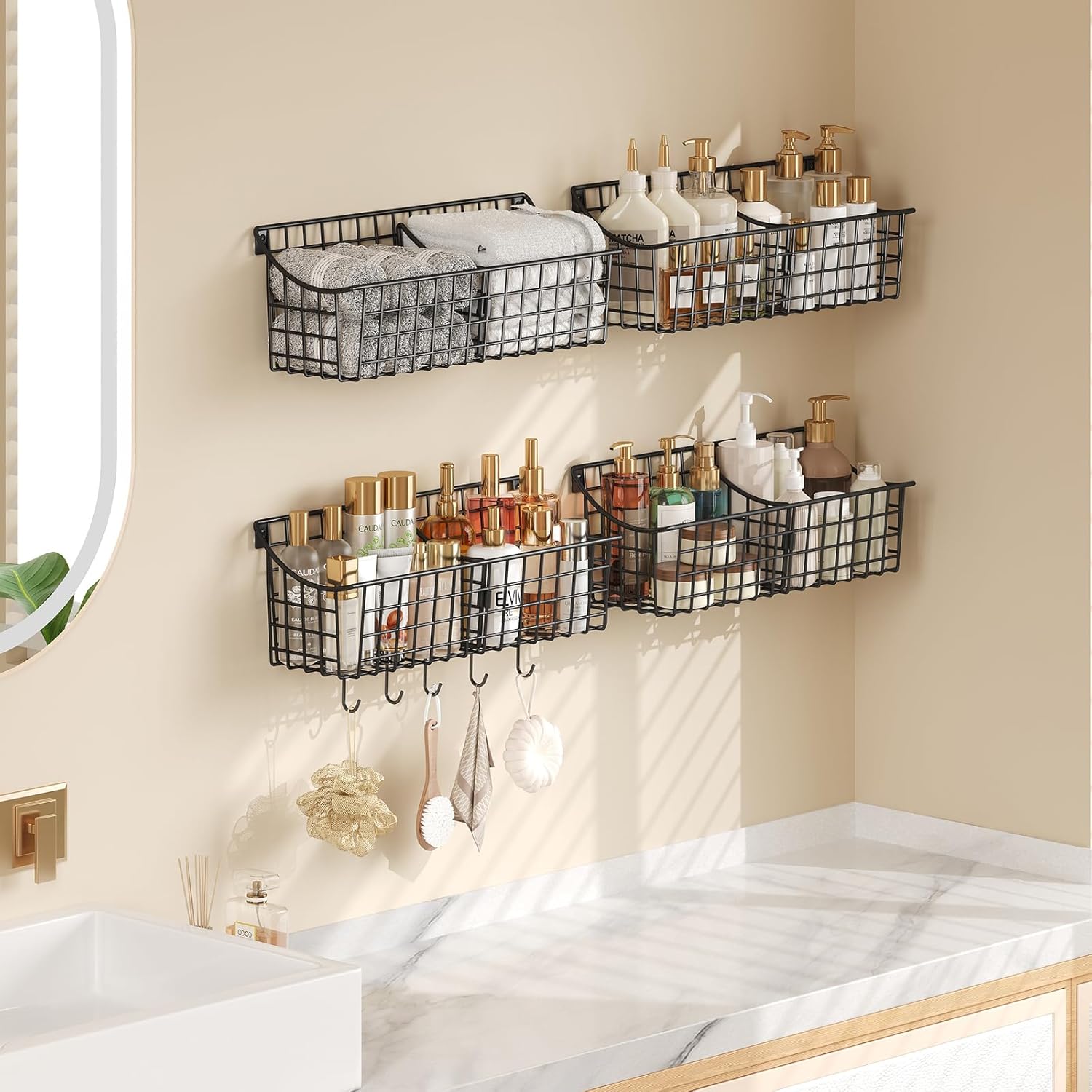 4 Pack EXTRA LARGE Hanging Wall Mount Storage Baskets With Divider, Metal Wire Basket With 4 Strong Adhesive Hooks +5 S Hooks,Organizing Wall Shelf for Home Kitchen Bathroom Pantry Garage RV, Black - Image 7