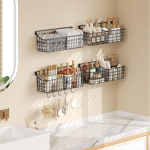 Miniatura 7 de Paquete de 4 cestas de almacenamiento colgantes extragrandes con divisor, cesta de alambre de metal con 4 ganchos adhesivos fuertes + 5 ganchos en