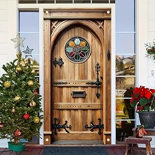 Vintage Wooden Door With Stained Glass Window 71x35 Inch Rustic Farmhouse EntryDoor Decor For Home Porch Garden Outdoor Display