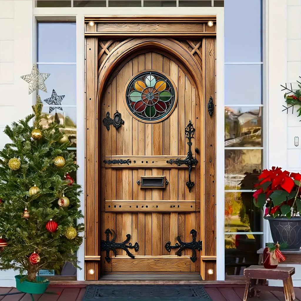 Vintage Wooden Door With Stained Glass Window 71x35 Inch Rustic Farmhouse EntryDoor Decor For Home Porch Garden Outdoor Display