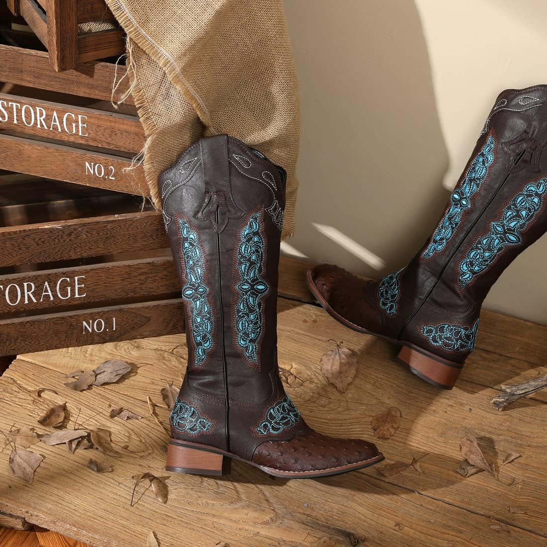 KiutSymo Cowgirl Knee High Boots For Women Vintage Pattern Stitching Chunky Heel Square Toe Western Cowboy Boots