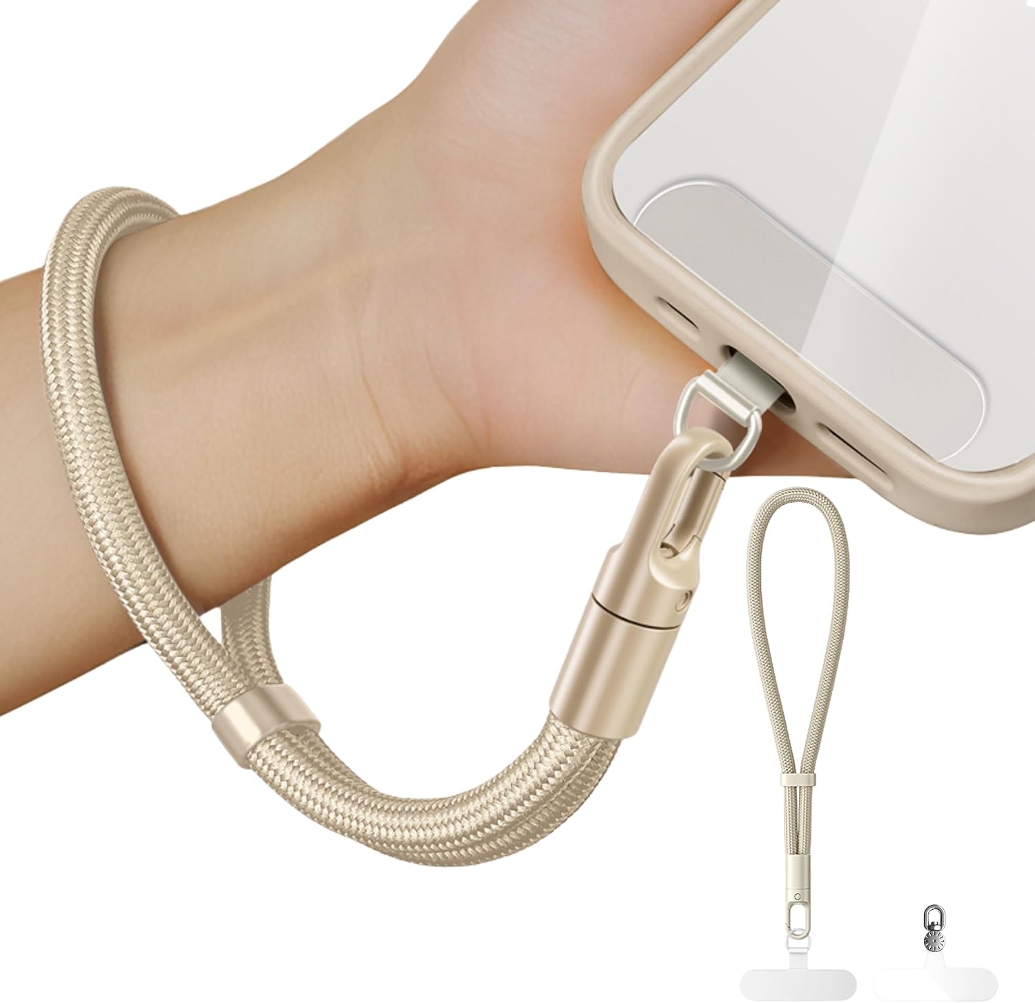 Minimalist Wrist Strap Phone Lanyard with Adjustable Drop-Proof Design, 7mm Reinforced Climbing Rope Material, 2 Phone Tether Tabs (Matching Metal and Rotatable Clear) - Ecru Beige