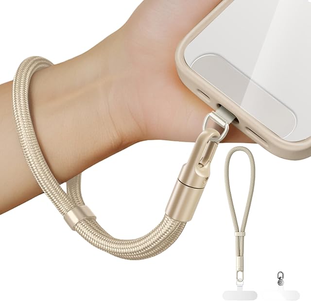 Minimalist Wrist Strap Phone Lanyard with Adjustable Drop-Proof Design, 7mm Reinforced Climbing Rope Material, 2 Phone Tether Tabs (Matching Metal and Rotatable Clear) - Ecru Beige
