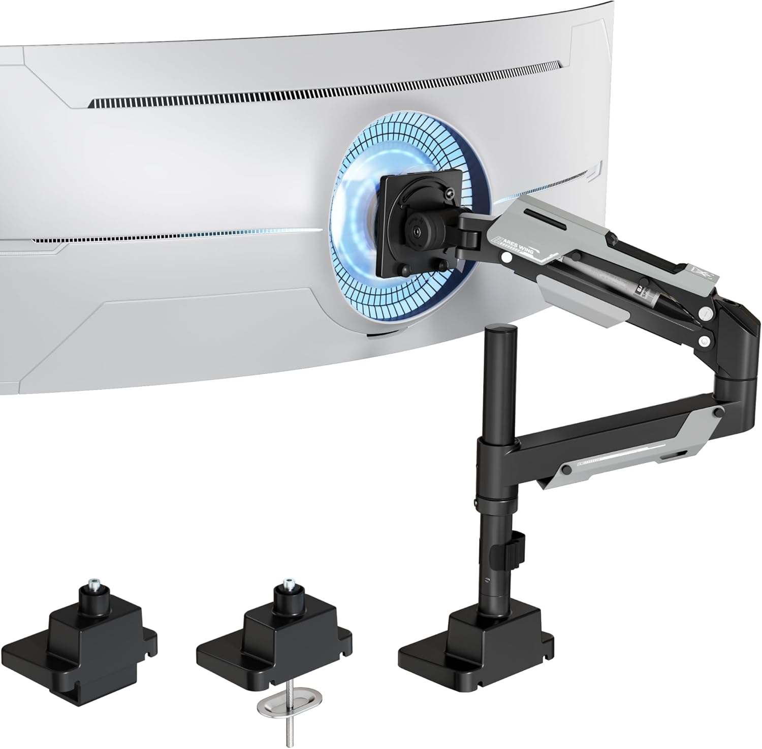 ARES WING CoreArm Single Monitor Mount with USB, Ultrawide Monitor Arm for 24 to 57'' Heavy Duty Curved Screen, Adjustable Gas Spring Monitors Arm Stand up to 66LBS with 75/100/200 Vesa Mount, Black