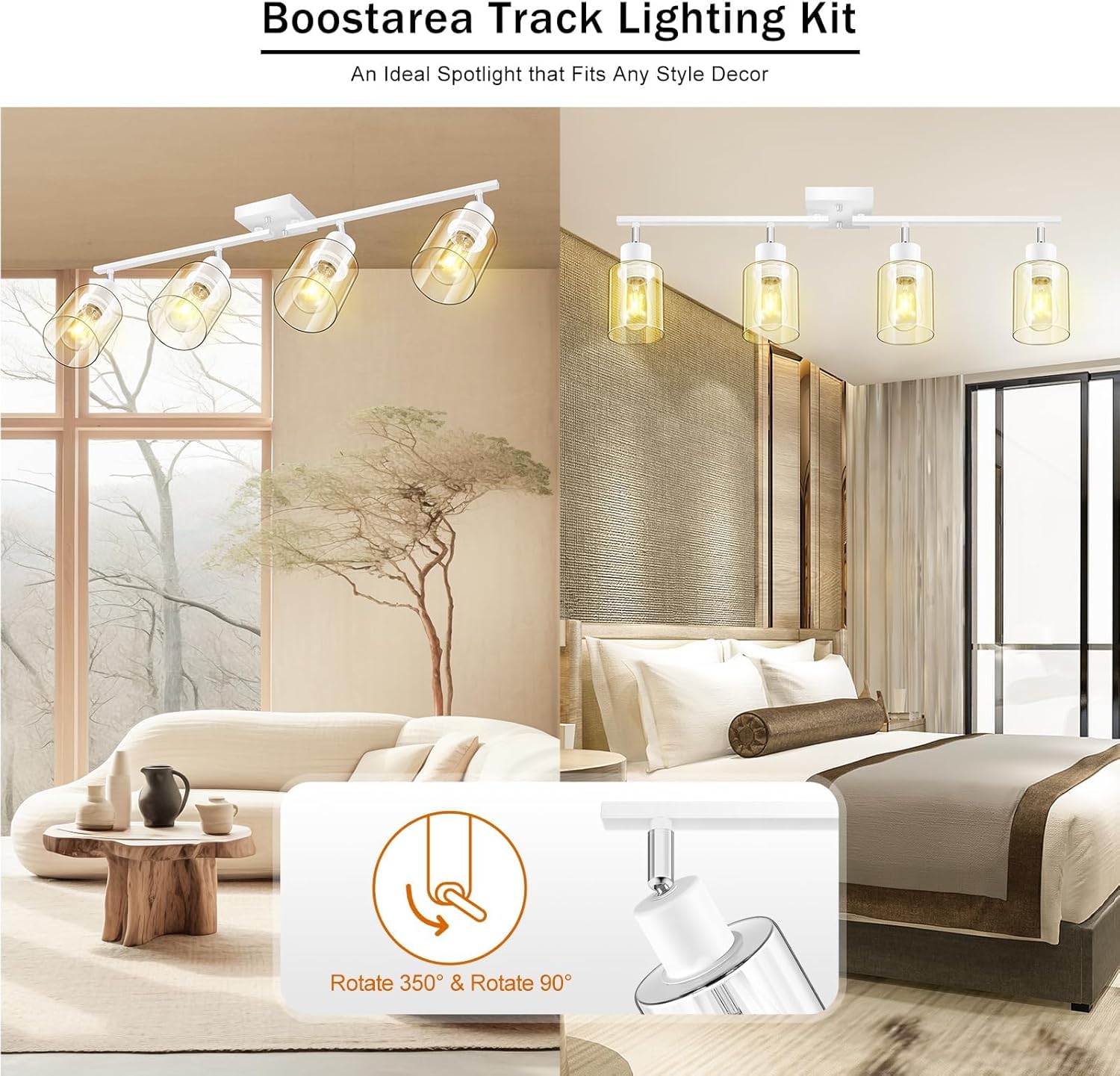 BoostArea White 4 Light Track Lighting Kit, 4 Way Ceiling Spot Lighting with Glass Lampshade, Flexibly Rotatable Light Head for Kitchen, Living Room, Bedroom, Bulb Not Included