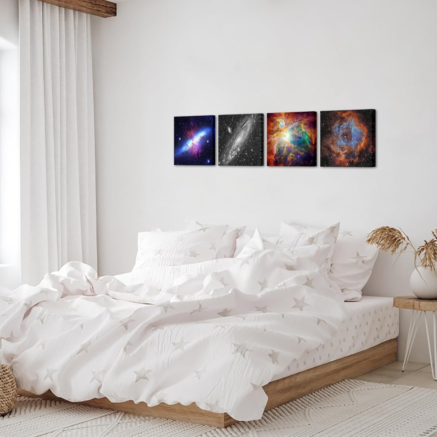 sechars 4 Panels Space and Nebulae Wall Painting Giclee Artwork Abstract Colorful Universe Picture Canvas Wall Art with Wood Frame,Modern Home Living Room Decoration