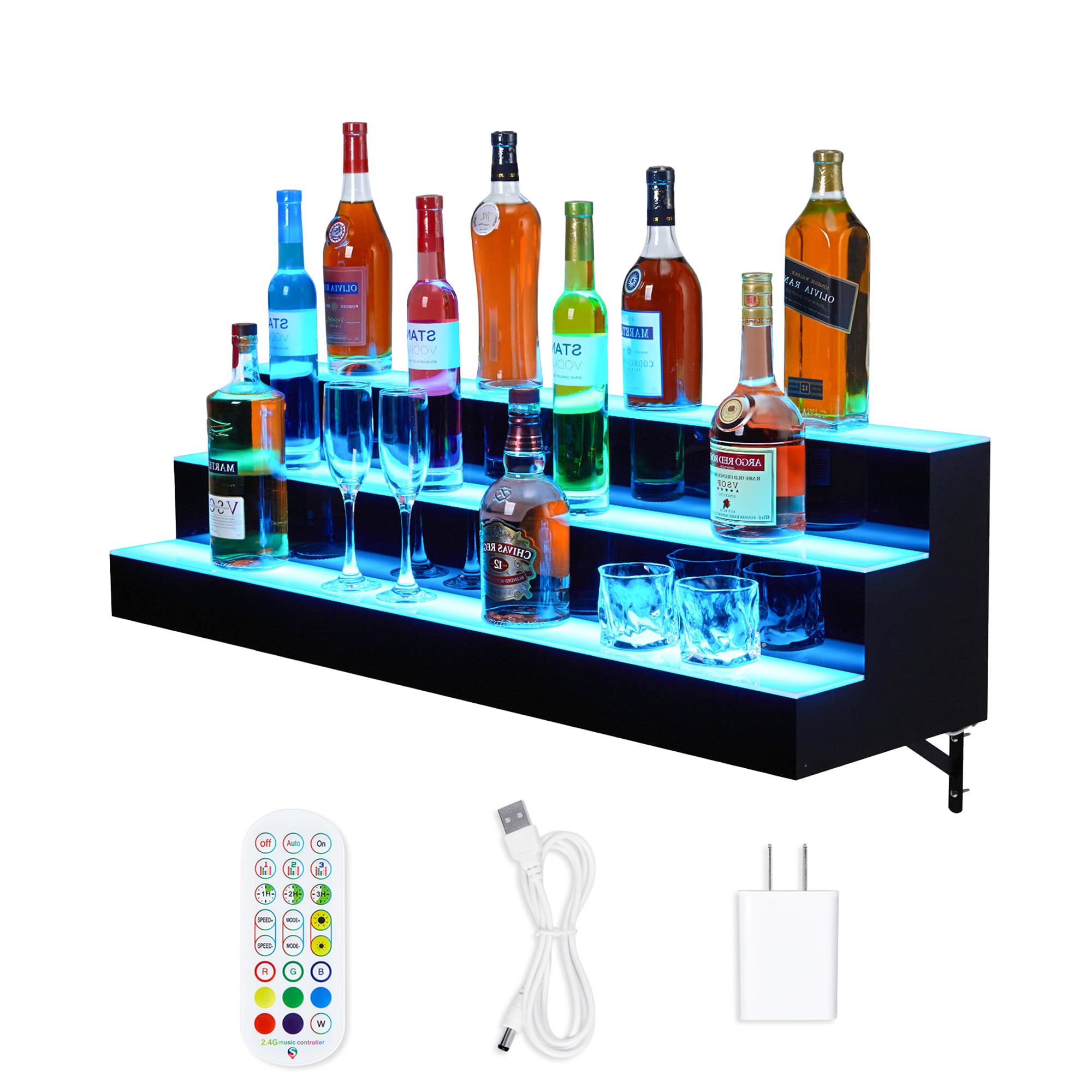 LALFPET LED Liquor Bottle Display Shelf - 3 Tier Lighted Bar Shelf with Remote & App Control, 16 Colors - Acrylic Bottle Holder for Home Bar, Wine & Whiskey Collection (Multi-Color Modes, 40