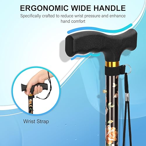 Miniatura 4 de supregear Bastón plegable, ligero y ajustable de 5 niveles con correa para la muñeca y mango en T, ayuda de movilidad portátil para ancianos y