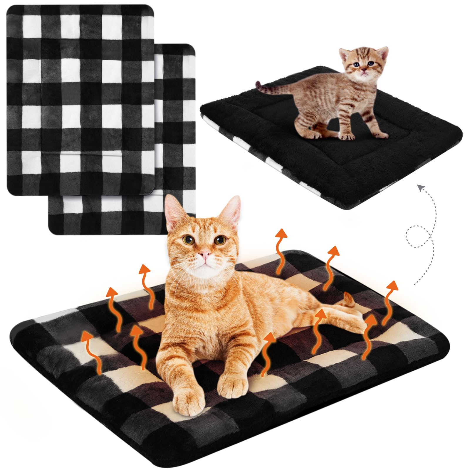 VitalCozy 2 Pack Self Warming Cat Mat Self Heating Pad Bed Reversible Machine Washable Reflects Body Heat Warm Thermal Pet Pad Crate Blanket for Feral and Indoor Cat (Black, White,22'' X 18'',Plaid) — image 1