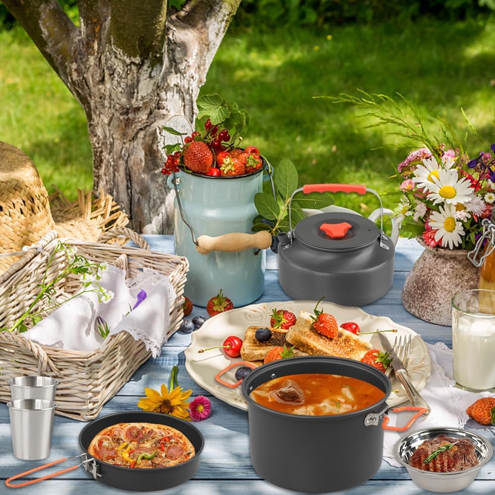Lixada 17Pcs Camping Cookware Mess Kit Aluminum Alloy Pot Pan Kettle Set Steaming Tray Bowl Cup Water Kettle Cooking Equipment for Backpacking Gear Hiking