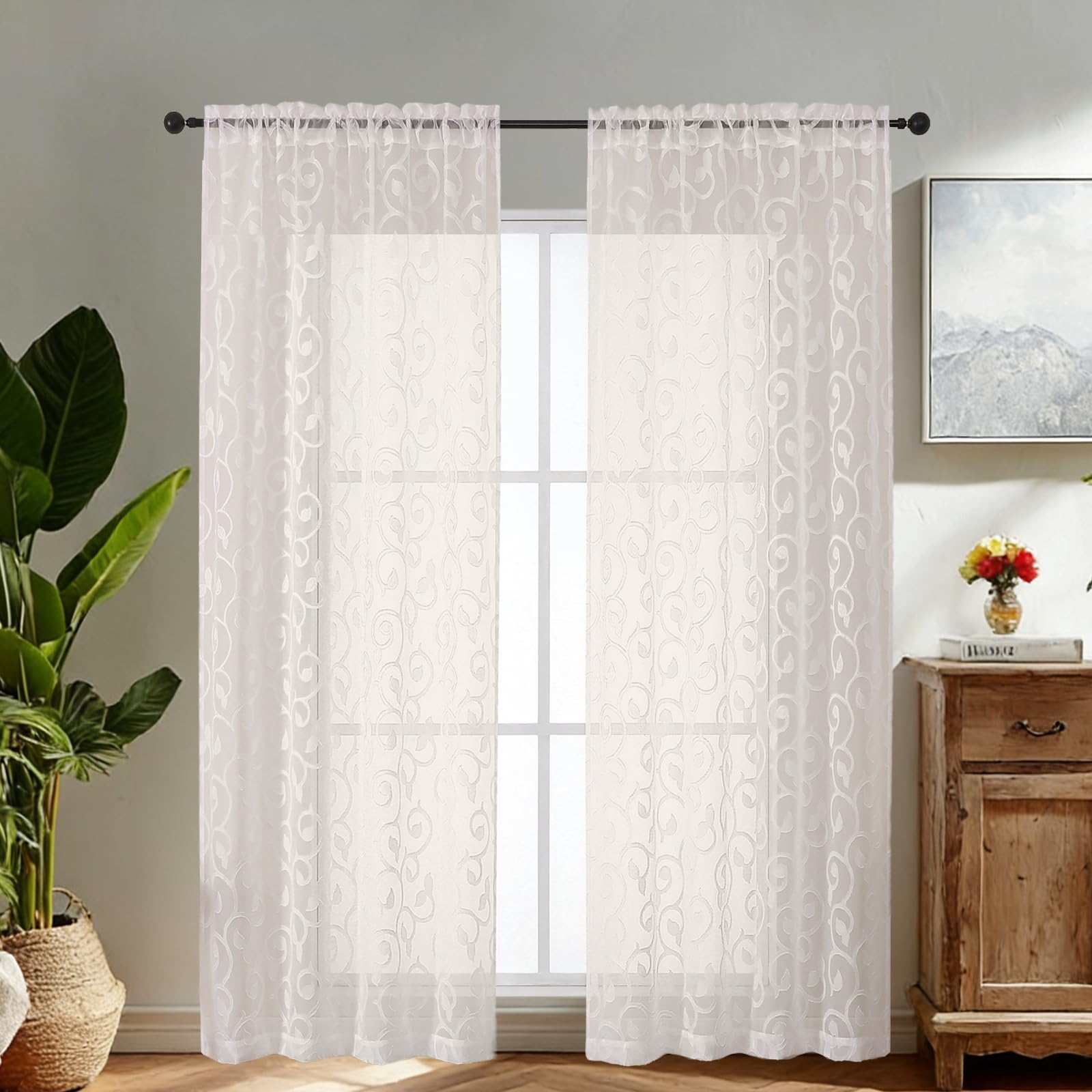 Simplebrand Ivory Sheer Voile Curtains with Embroidered Pattern, 2 Panels 140x200cm, Dual Rod Pocket Light Filtering Tall Window Curtains