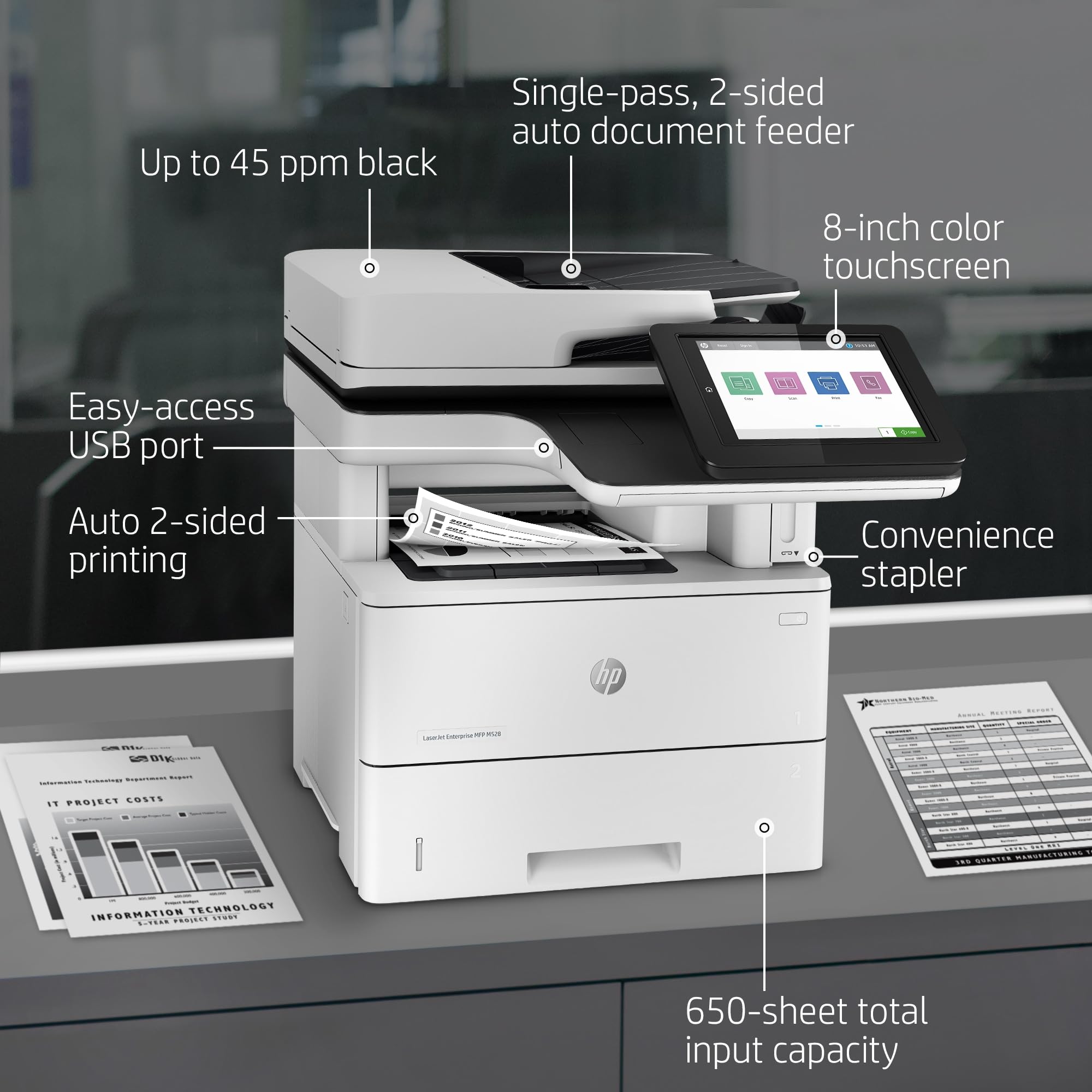 HP LaserJet Enterprise MFP M528f Monochrome All-in-One Printer with built-in Ethernet & 2-sided printing (1PV65A), White