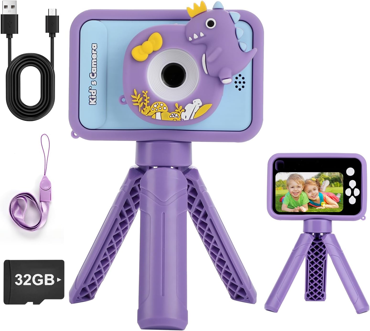 Kids Camera with Tripods, Kids Digital Video, Toddler Camera with 32GB Card, 2.4" Screen Portable Selfie Video, Christmas Birthday Gift for Boys and Girls 3-12 Years Old