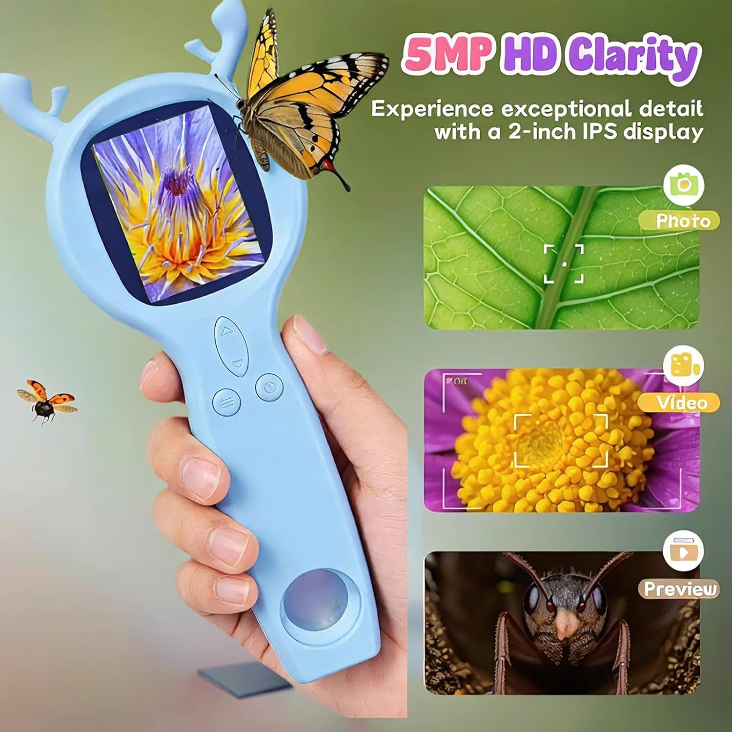 Handheld Digital Microscope, STEM Educational Science Learning Activity Kit, 500X Magnification Digital Deer Microscope, Christmas, Holidays and Birthday Gifts (Blue)