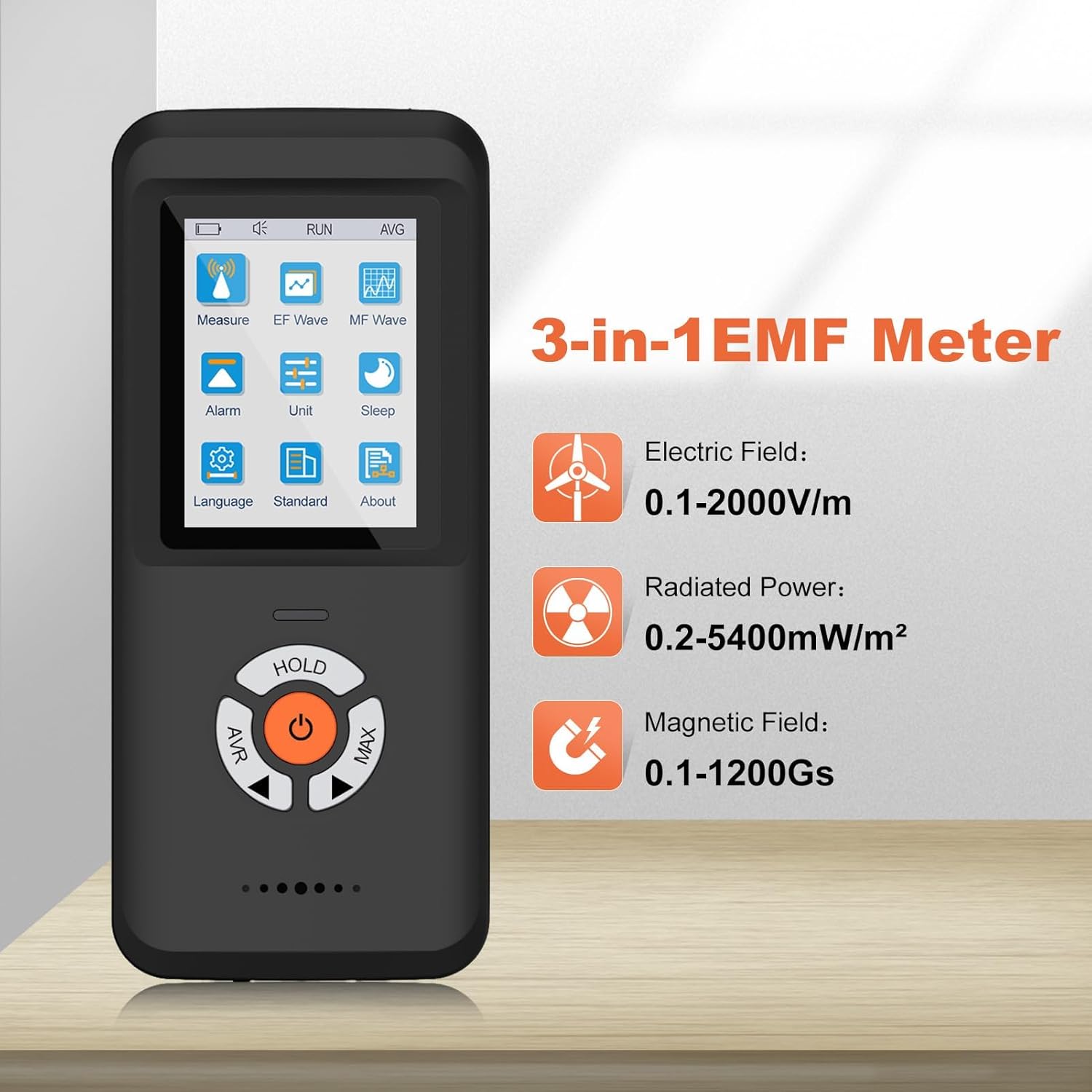 3-in-1 EMF Meter showing Electric Field, Radiated Power, and Magnetic Field measurement ranges
