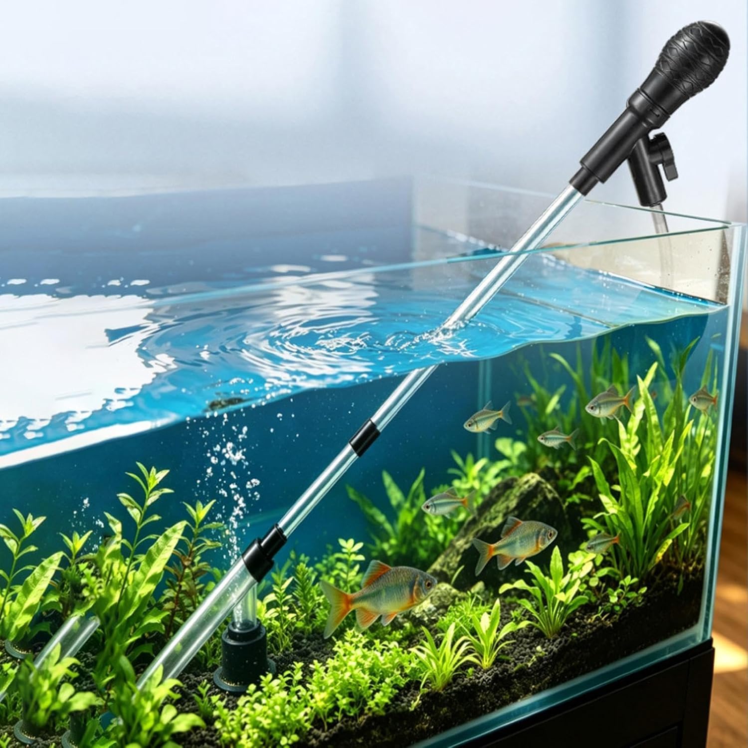 Gravel Siphon for Aquarium Scrubber Pump | with Flow Restrictor Clip, Suction Cup Fit Below 60cm Aquarium Gravel Cleaner for Dirt Pond Reef Turtle Garden Fountain