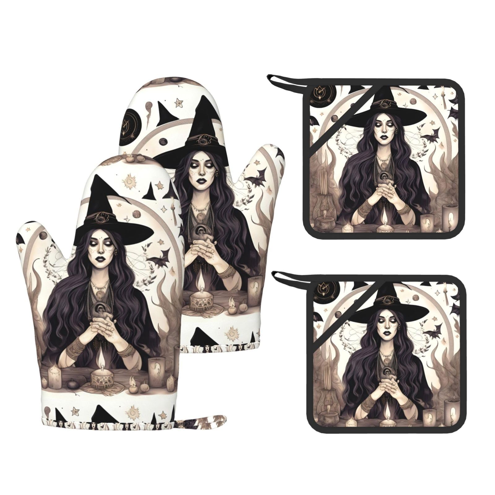 Magic Witch Witchcraft Bohemian Drawing Print Kitchen Heat Resistant Set,Cooking Kit With Hanging Loop For Baking & Bbq