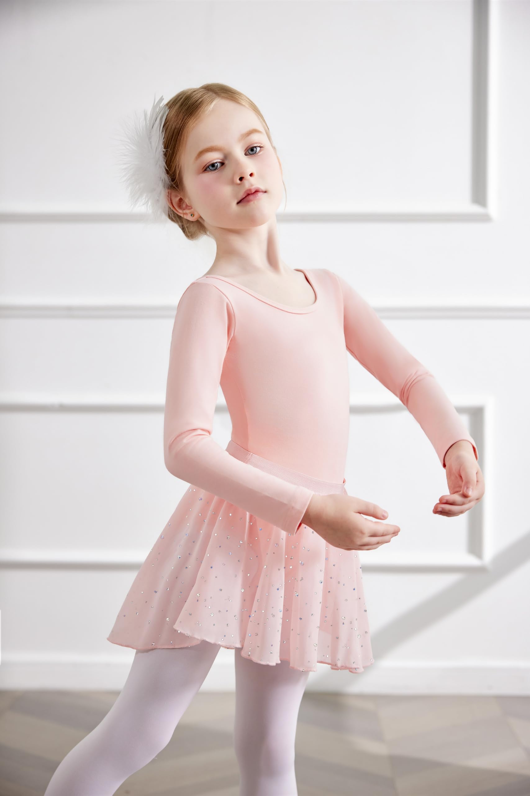 Arshiner Vêtements de Ballet pour Filles de 2 à 10 Ans Robe de Ballet à Manches Longues Deux Pièces en Coton Robe de Danse Dos Nu Justaucorps de Ballet avec Tutu Justaucorps de Danse