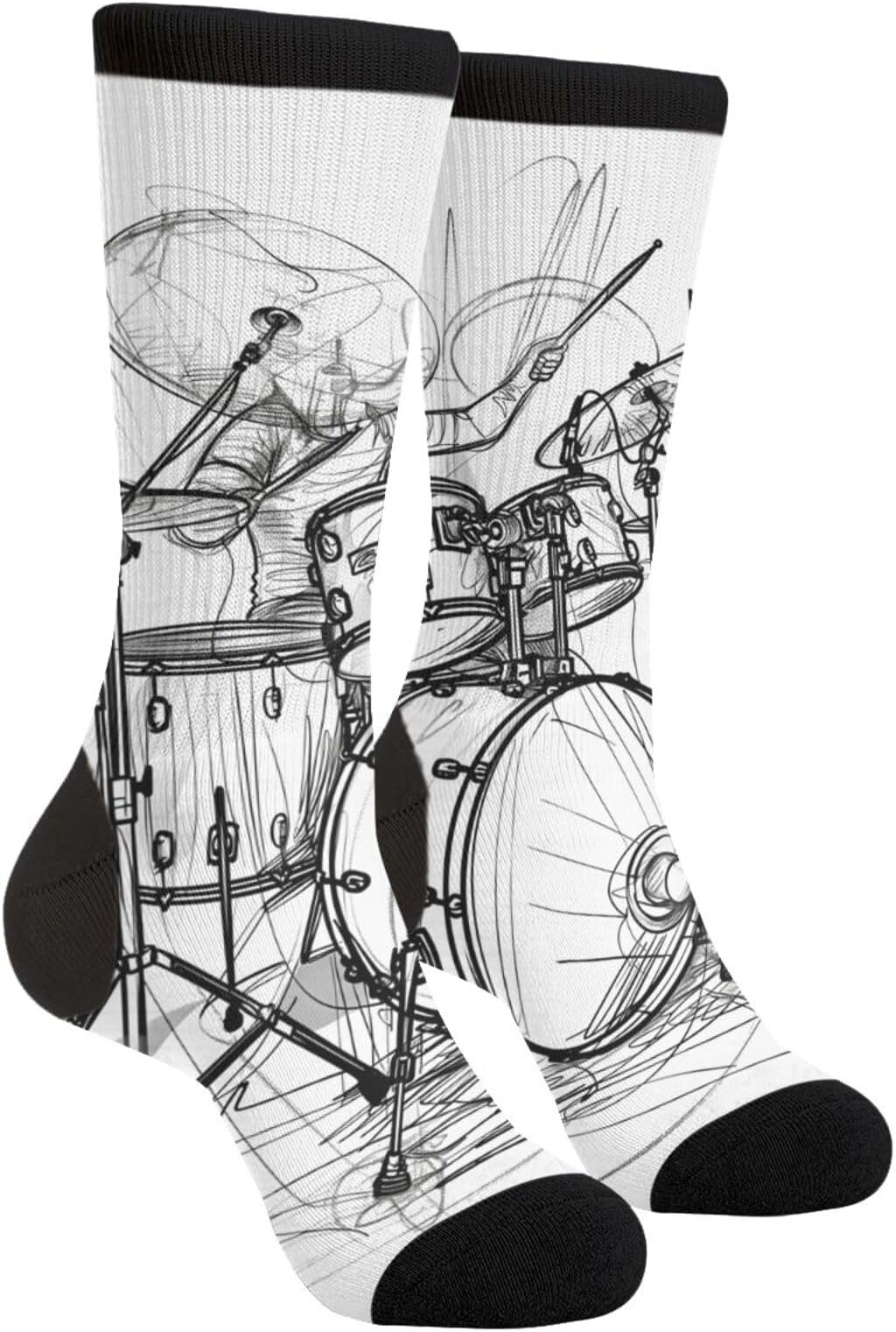 Graffiti Sketch Style Drummer Music Men's Unisex Novelty Crew Socks Funny Crazy Dress Socks, Black and White, One Size