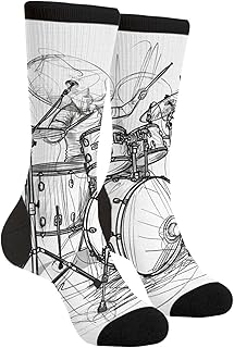 YISHOW Graffiti Sketch Drummer Music Men's Unisex Novelty Crew Socks Funny Crazy Dress Socks, Black and White