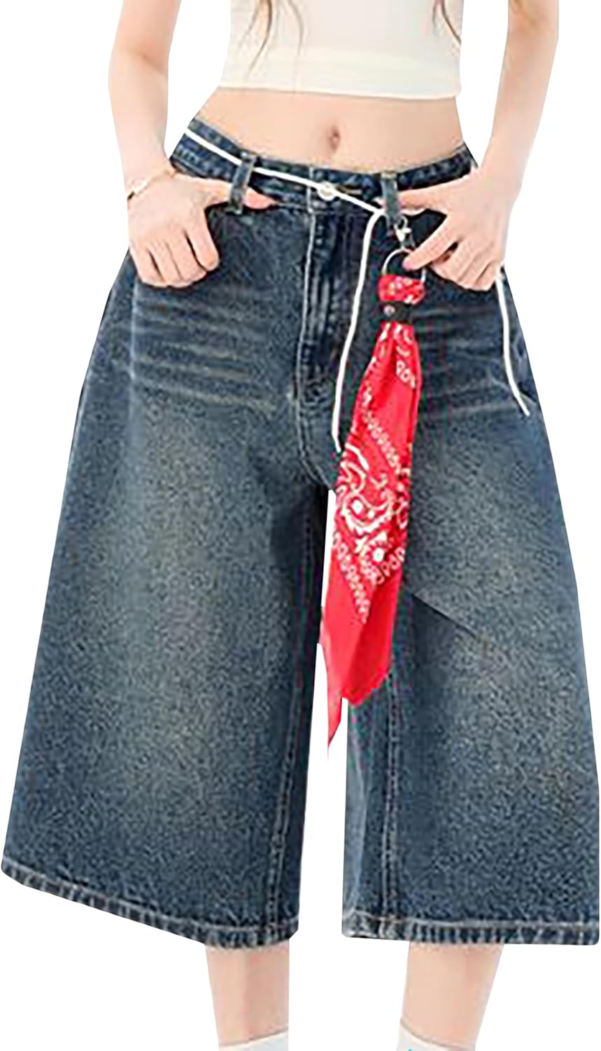 [二力] ７分丈パンツ レディース デニム ワイドパンツ 膝丈 ストレッチ ハイウエスト 半ズボン デニム 夏 薄 きれいめ