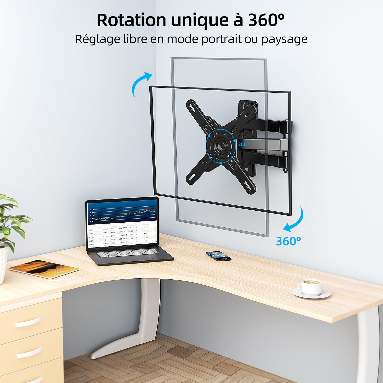 Support Mural TV d'angle Bras Long 17-42 Pouces, VESA 200x200, Charge 15 kg