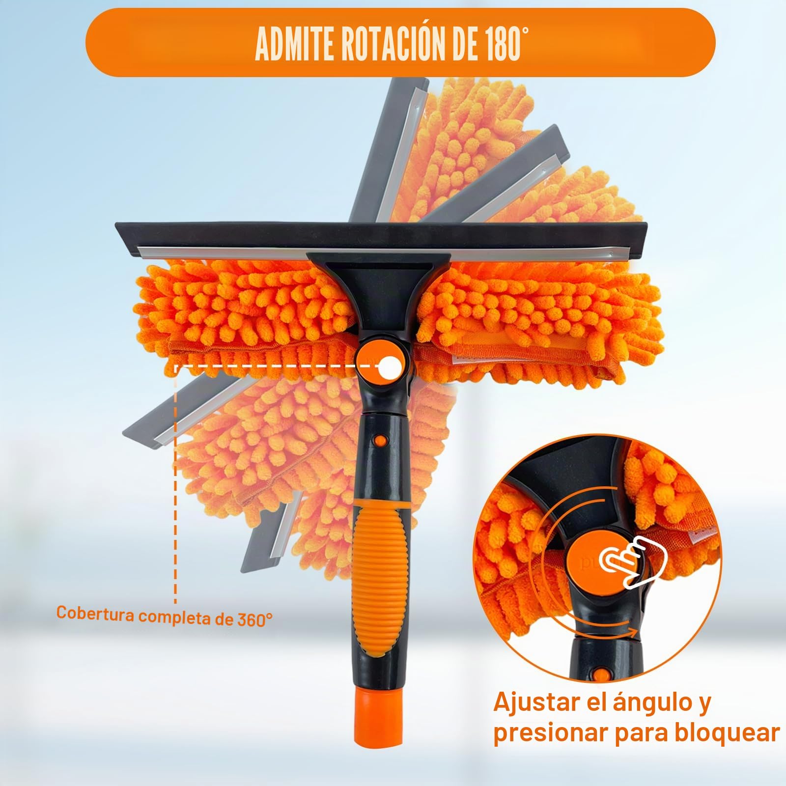 GAESHOW Kit limpiacristales telescópico 4 m, Limpiador de Cristales 2 en 1 con Cepillo de Microfibra y espátula de Goma, Cepillo para la Limpieza de Ventiladores de Techo