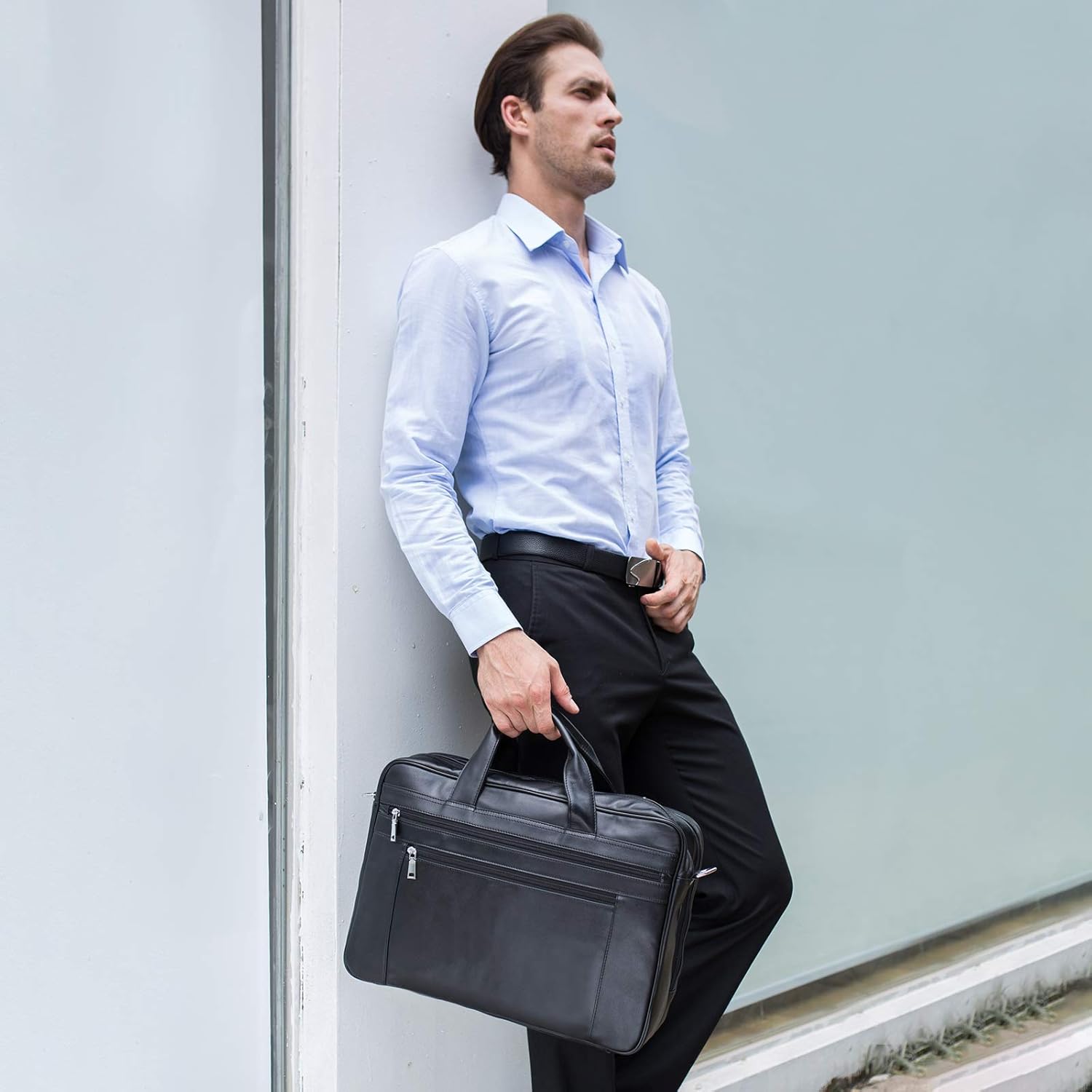 Frее Shірріng оƒƒеr Polare Napa Leather 17'' Briefcase Laptop Business Messenger Bag For Men Fits 17.3'' Laptop