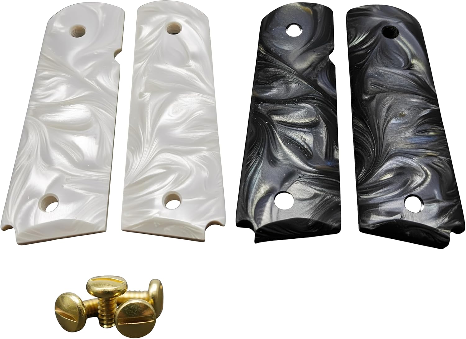 (1) Black (1) White Set of 1911 Pearl Grips Compatible Replacement for Colt Gov. & Clones Taurus, S&W, Springfield, Rock Island Mother of Pearl Full Size Premium Grips Bonus 4 Gold Screws