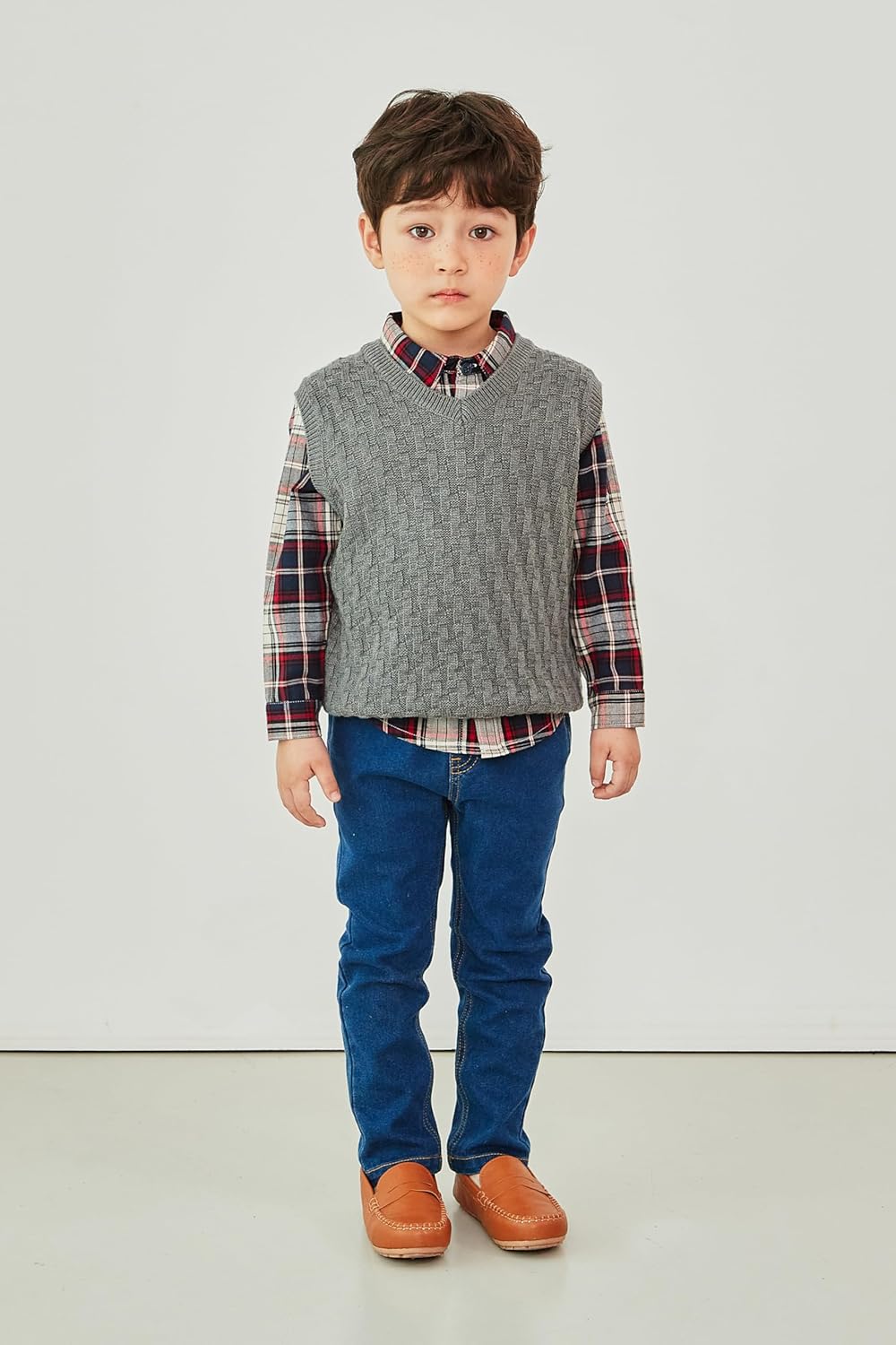 Kids Toddlers Unisex Classic Checkered Pattern Lightweight V-Neck Wool Blend Knit Vest for Boys & Girls - Image 2
