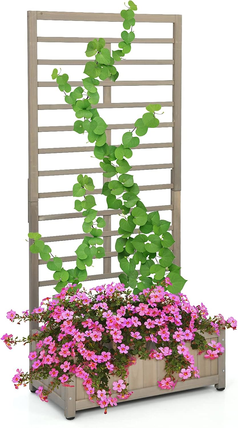 COSTWAY Bloembak met spalier van dennenhout, tuinspalier met 2 rankkasten, plantenbak voor klimplanten, verhoogd bloembed met rankrooster en drainagegat, bloempot voor tuin, binnenplaats, balkon