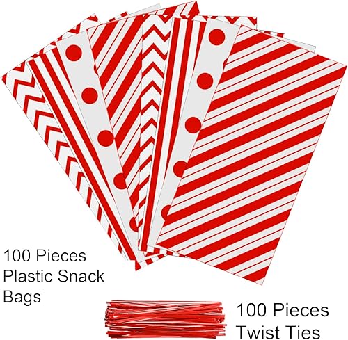 Miniatura 10 de Aneco Paquete de 100 bolsas de celofán verde y blanco, bolsas de plástico para dulces, bolsas de regalo, bolsas de regalo con lazos giratorios para