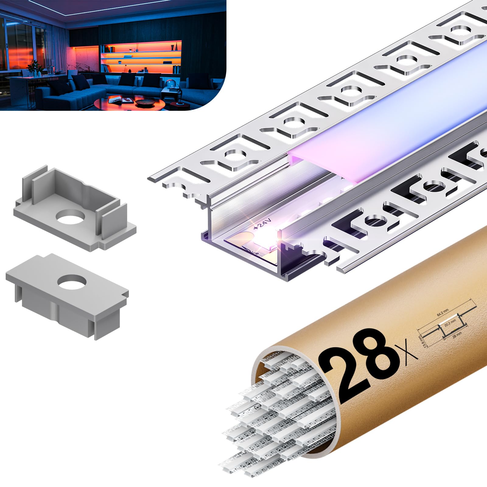 28 x Profilé LED Encastrable 2m – Profil Aluminium pour Ruban LED jusqu'à 20,2 mm – Diffuseur Opalin – Rail LED pour Plafond, Placo, Mur – Kit Complet Installation