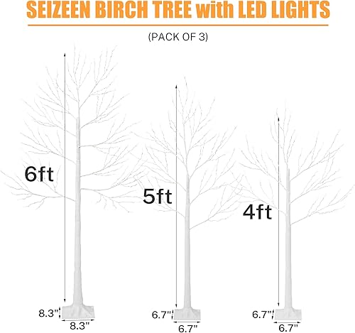 Miniatura 9 de Seizeen Árbol de Abedul de 4 pies, 5 pies y 6 pies con Luces LED, Blanco Cálido, Paquete de 3, Luces de Árbol de Abedul Artificial con Temporizador,