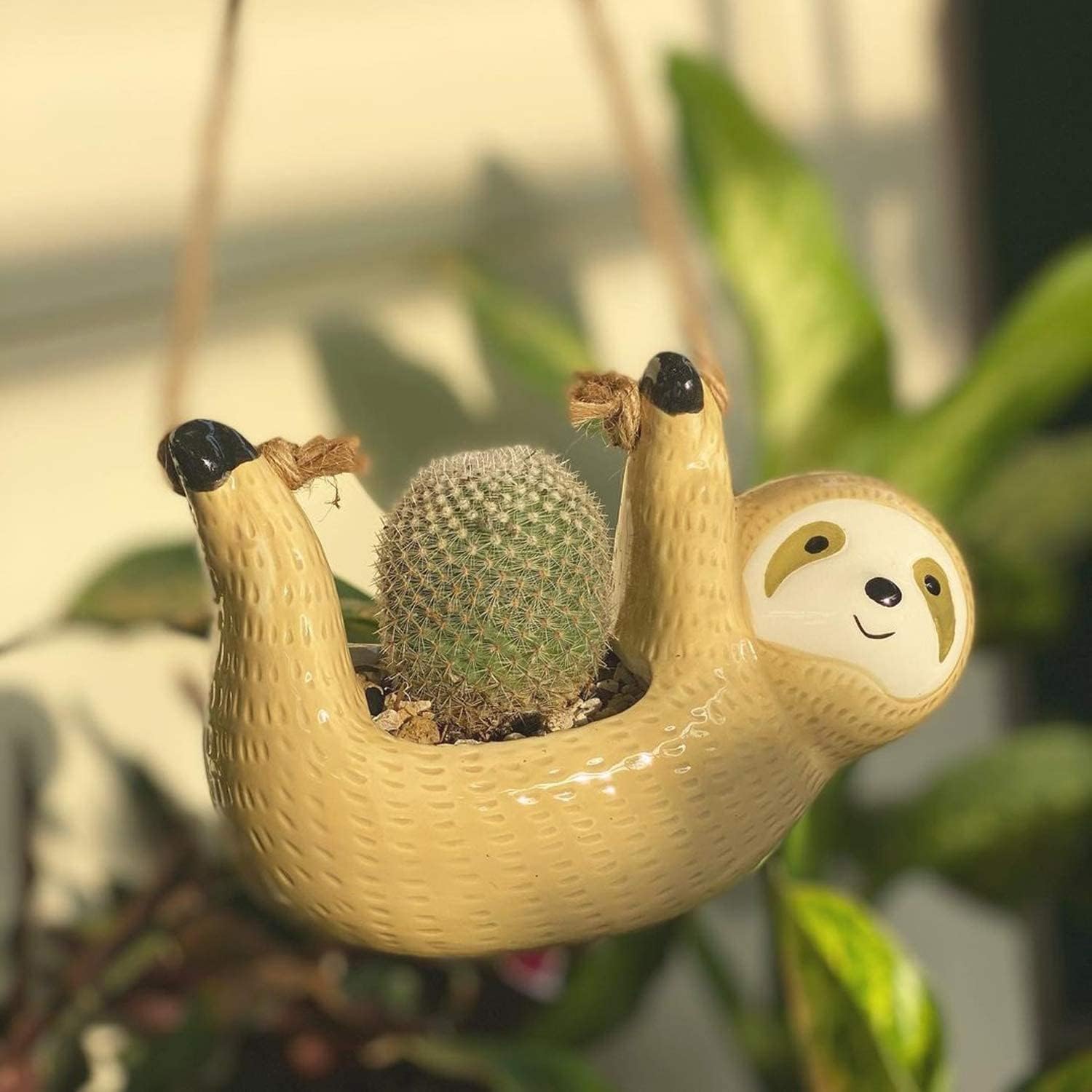 Sloth Gifts for Women, Hanging Planter for Indoor Outdoor Plants, Ceramic Pot for Succulent Cactus, Gardening Flowerpot for Plant Lover Yellow
