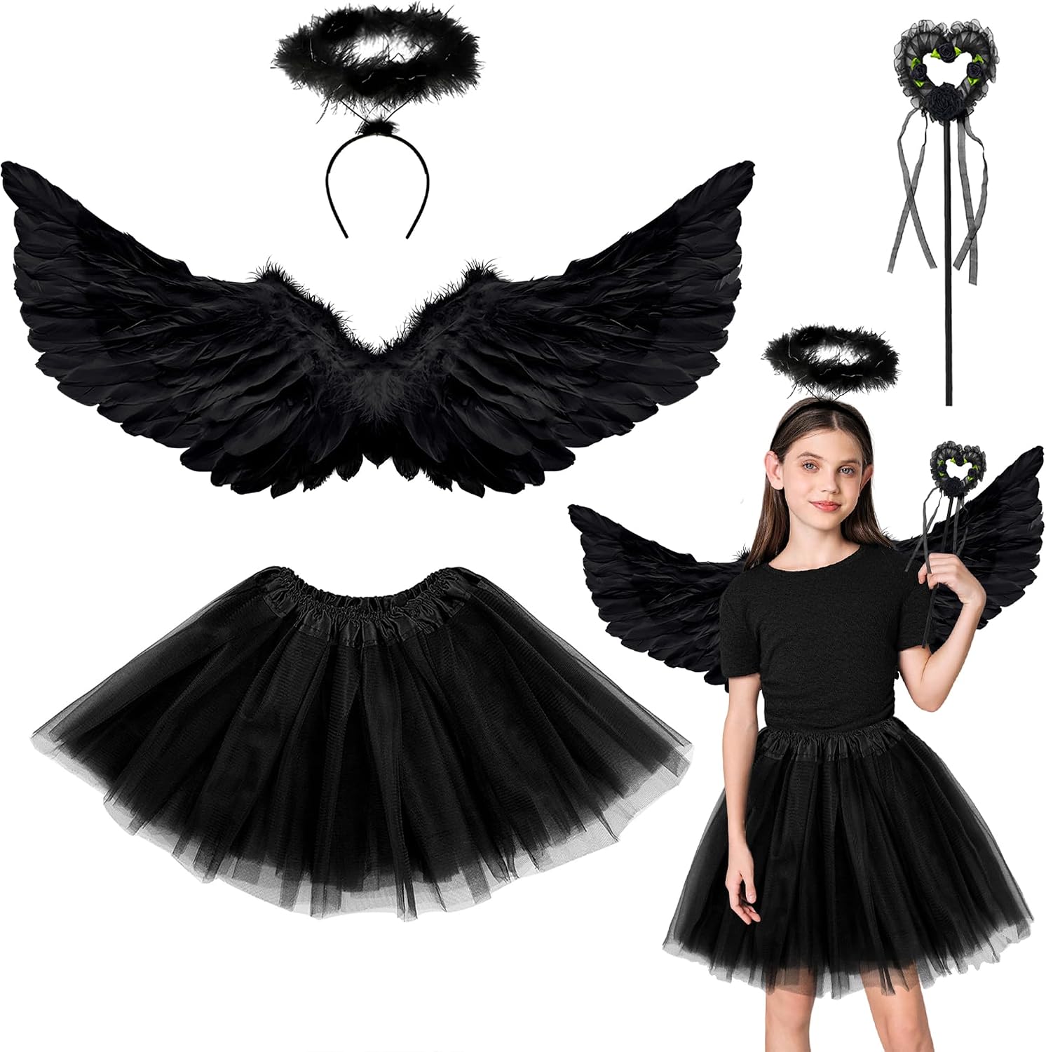 Angel Wings, Angel Wings and Halo Wand Angel Costume Accessories with Tulle Tutu Skirt for Women Cosplay